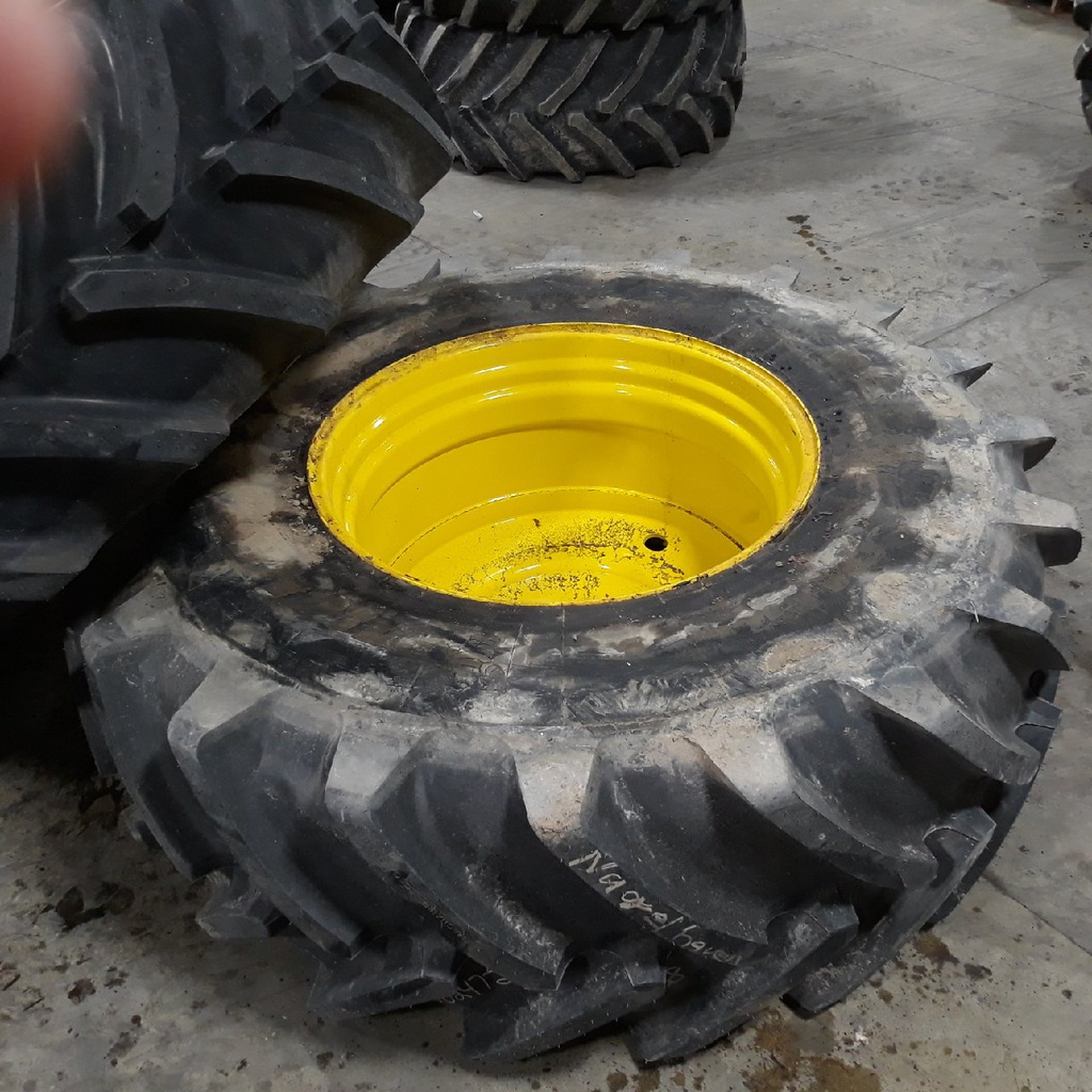 650/85R38 Michelin MachXBib R-1W on John Deere Yellow 10-Hole Formed Plate W/Weight Holes 99%