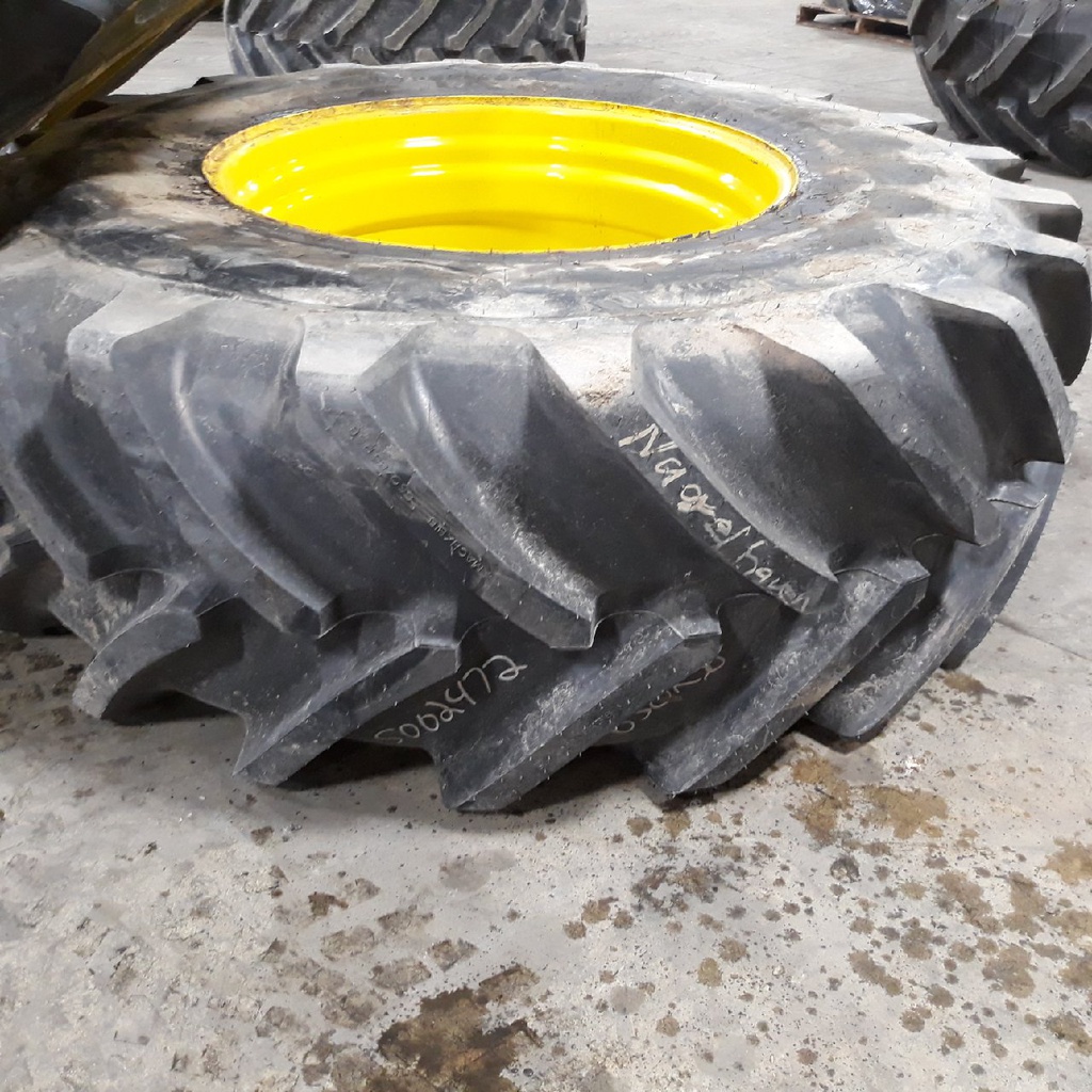650/85R38 Michelin MachXBib R-1W on John Deere Yellow 10-Hole Formed Plate W/Weight Holes 99%