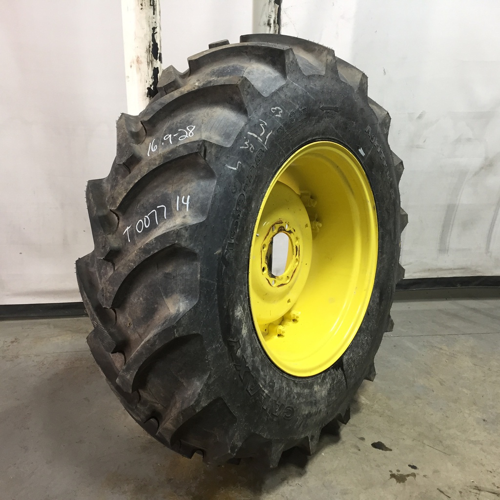 16.9/-28 Galaxy AGRI Trac II R-1 on John Deere Yellow 8-Hole Rim with Clamp/Loop Style (groups of 2 bolts) 99%