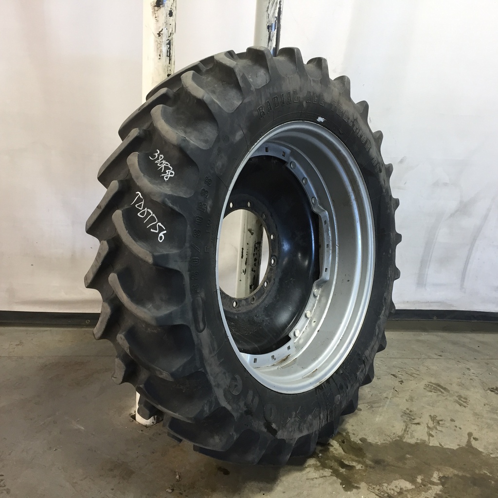 380/80R38 Firestone Radial All Traction DT R-1W on Case IH Silver Mist/John Deere Yellow 12-Hole Waffle Wheel (Groups of 3 bolts) 80%