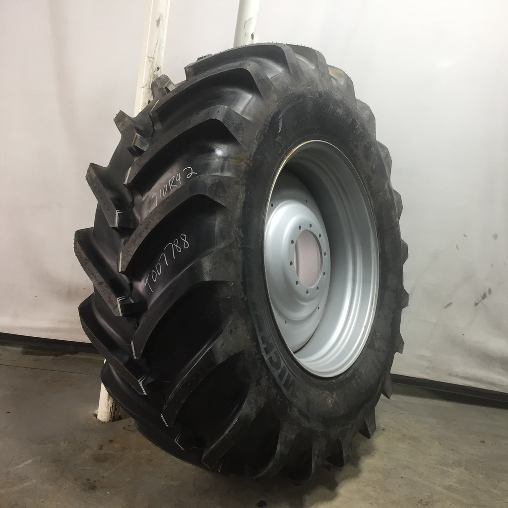 710/70R42 Michelin MachXBib R-1W on John Deere Yellow 10-Hole Formed Plate W/Weight Holes 99%