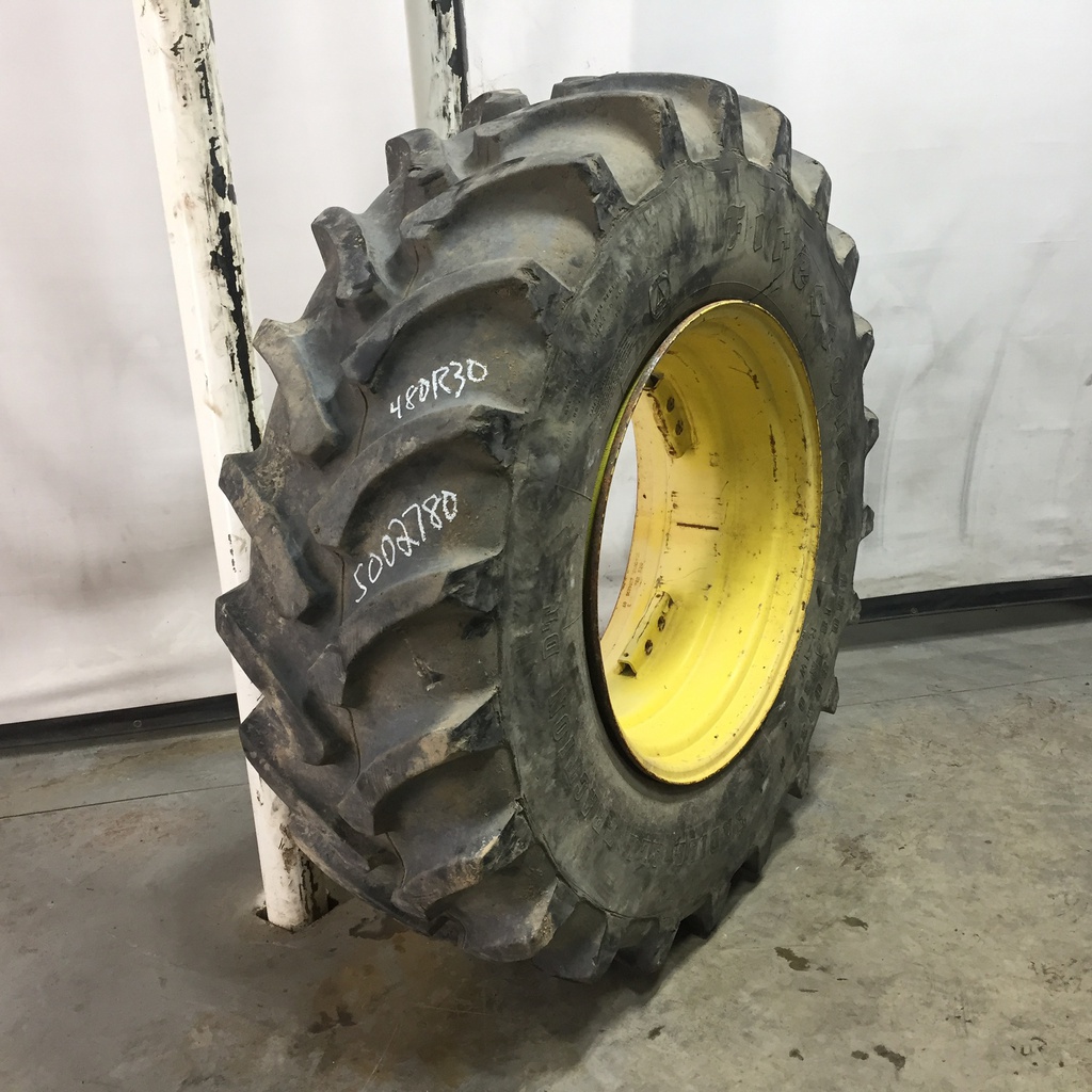 480/80R30 Firestone Radial All Traction DT R-1W on John Deere Yellow 8-Hole Rim with Clamp/U-Clamp (groups of 2 bolts) 70%