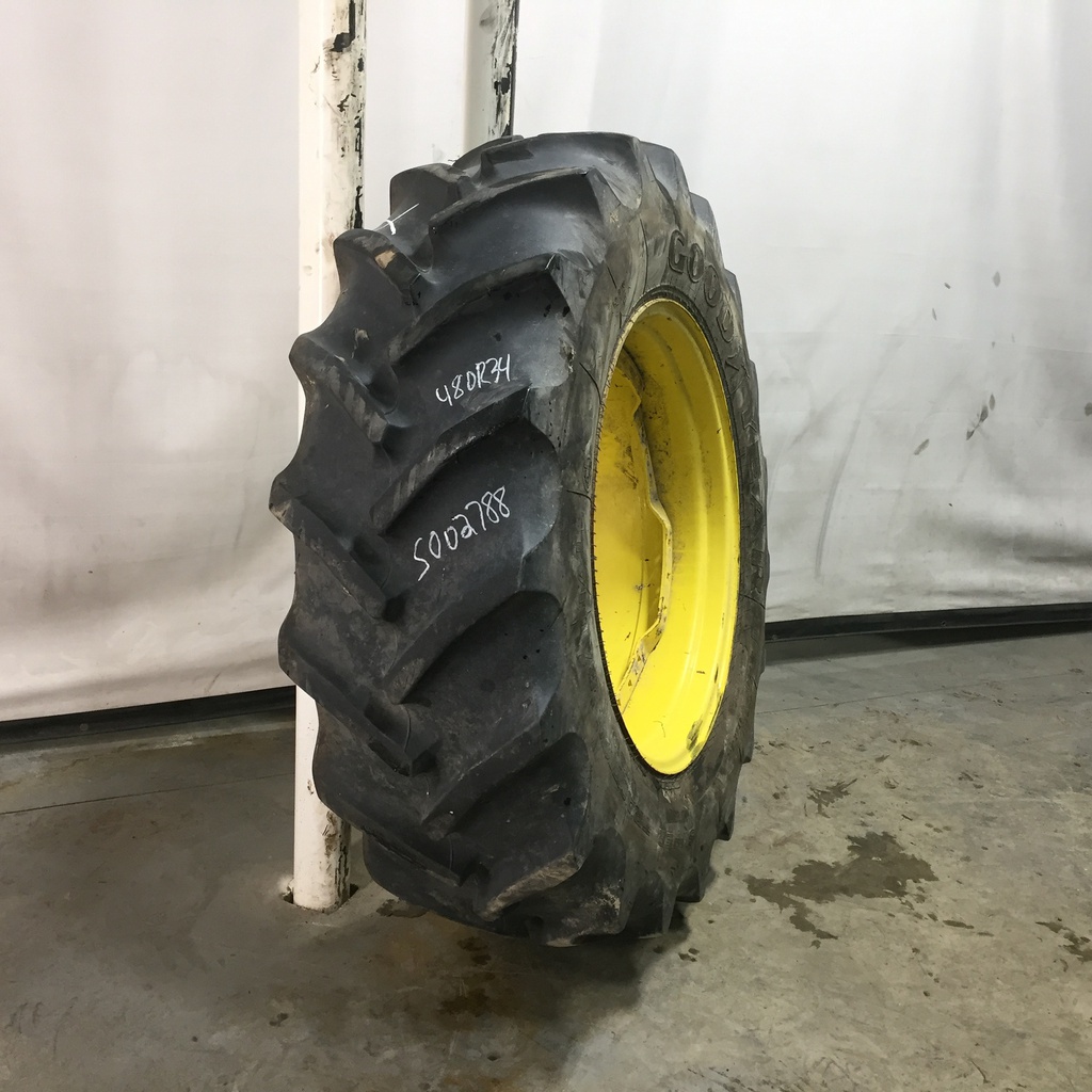 480/70R34 Goodyear Farm DT810 Super Traction R-1W on John Deere Yellow 12-Hole Waffle Wheel (Groups of 3 bolts) 65%