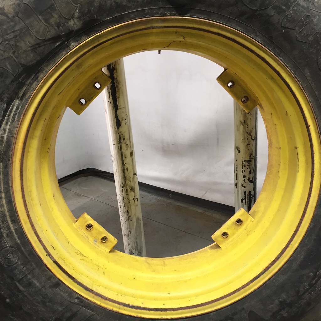 18.4/-38 Firestone Super All Traction II 23 R-1 on John Deere Yellow 8-Hole Rim with Clamp/Loop Style (groups of 2 bolts) 75%
