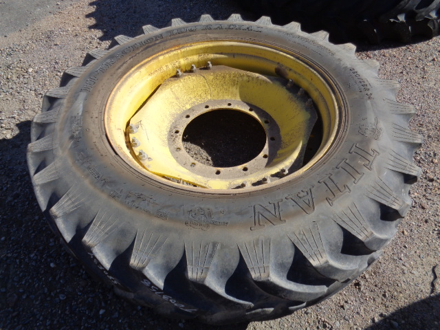 380/85R34 Titan Farm Hi Traction Lug Radial R-1 on John Deere Yellow 12-Hole Waffle Wheel (Groups of 3 bolts) 50%