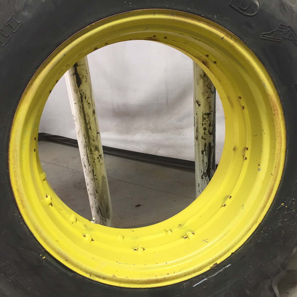 18.4/-34 Goodyear Farm Dyna Torque II R-1 on John Deere Yellow 0-Hole Double Bevel Ag 55%