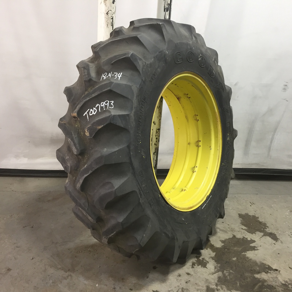 18.4/-34 Goodyear Farm Dyna Torque II R-1 on John Deere Yellow 0-Hole Double Bevel Ag 55%