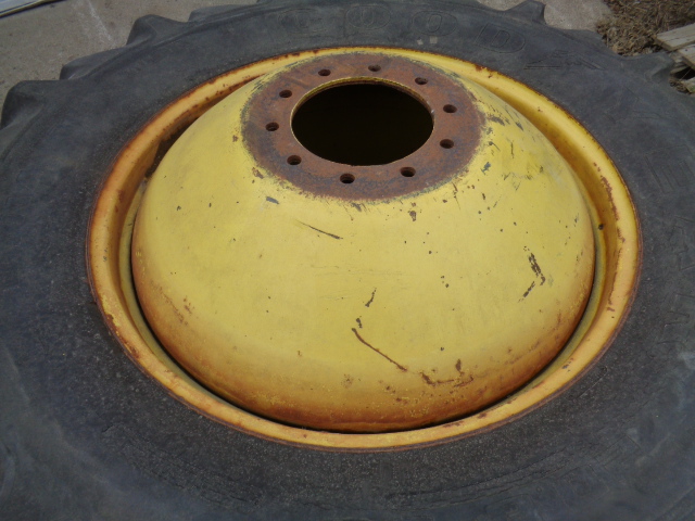 20.8/-38 Goodyear Farm Dyna Torque II R-1 on John Deere Yellow 10-Hole Dolly Dual 45%