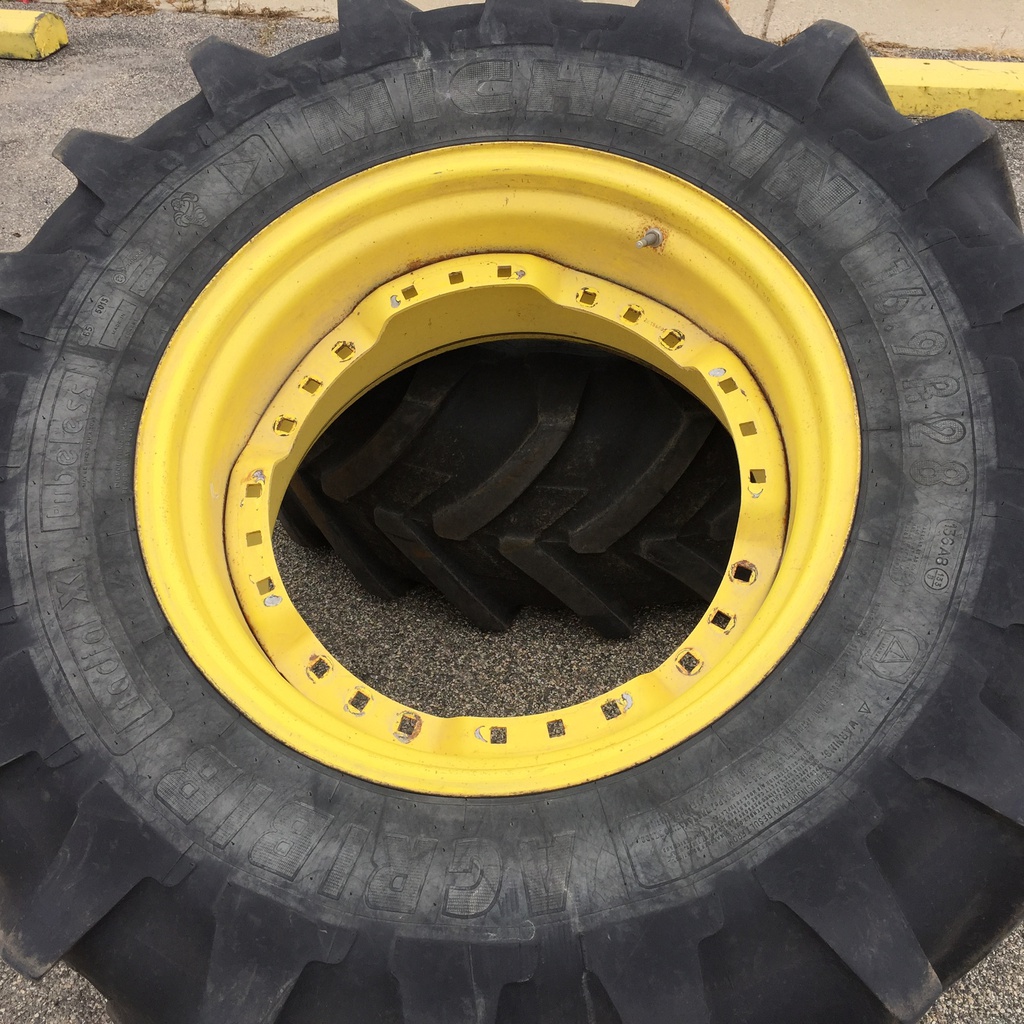 16.9/R28 Michelin AgriBib R-1W on John Deere Yellow 12-Hole Waffle Wheel (Groups of 3 bolts) 40%