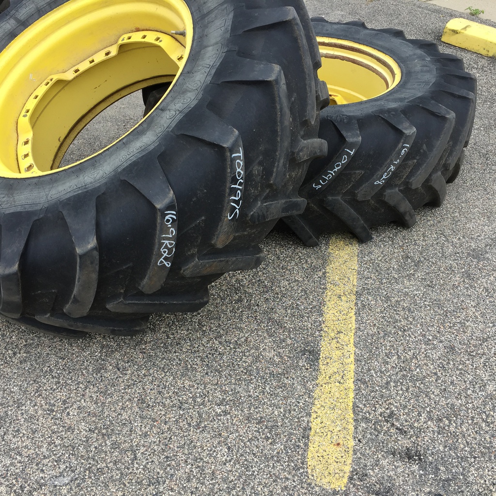 16.9/R28 Michelin AgriBib R-1W on John Deere Yellow 12-Hole Waffle Wheel (Groups of 3 bolts) 40%
