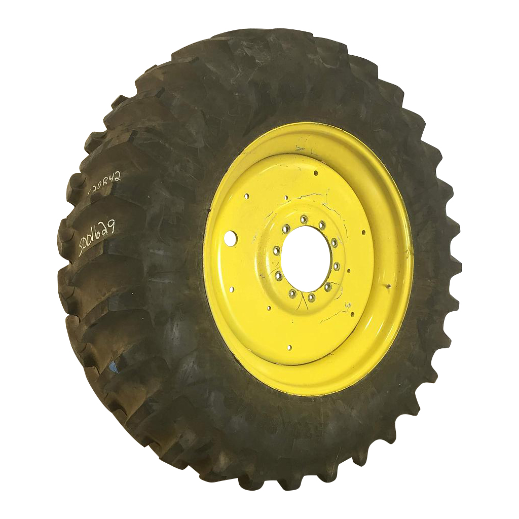 520/85R42 Firestone Radial All Traction 23 R-1 on John Deere Yellow 10-Hole Formed Plate Sprayer 99%