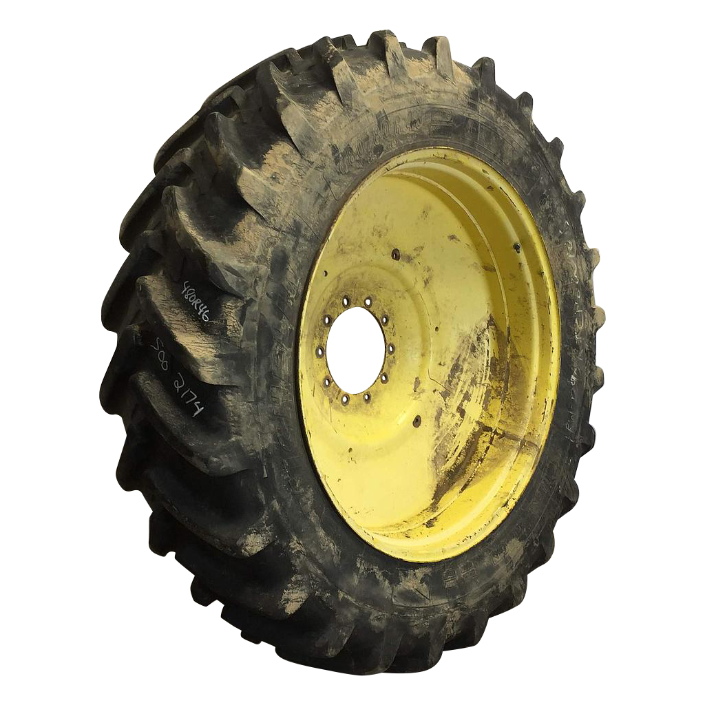 480/80R46 Michelin AgriBib R-1W on John Deere Yellow 10-Hole Formed Plate W/Weight Holes 75%