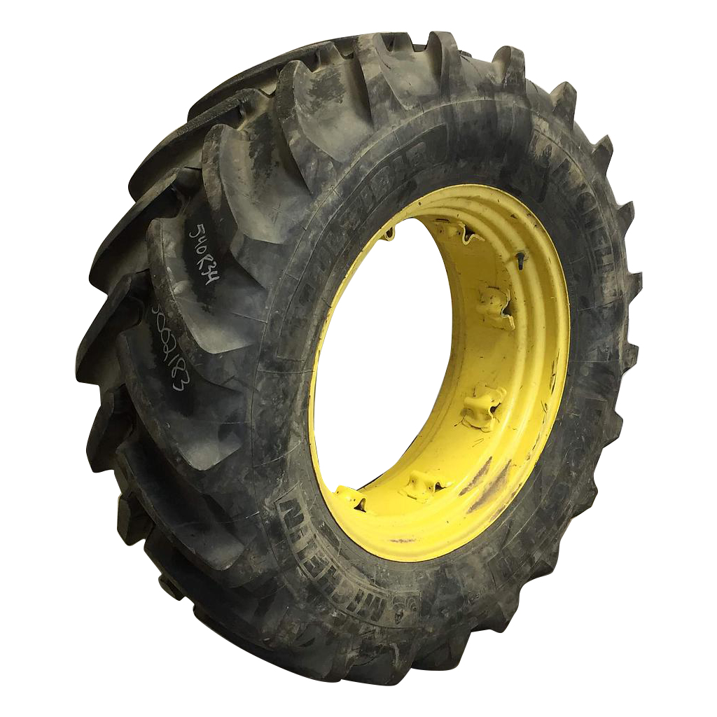 540/65R34 Michelin Multibib R-1W on John Deere Yellow 8-Hole Rim with Clamp/Loop Style 90%
