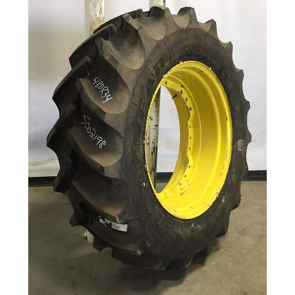 480/70R34 Goodyear Farm DT810 Super Traction R-1W on John Deere Yellow 12-Hole Waffle Wheel (Groups of 3 bolts) 90%