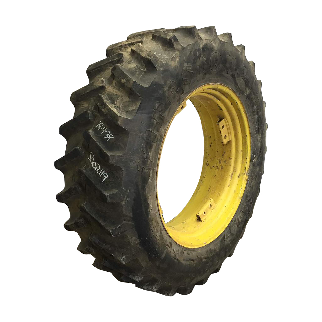 18.4/-38 Firestone Super All Traction II 23 R-1 on John Deere Yellow 8-Hole Rim with Clamp/U-Clamp (groups of 2 bolts) 75%
