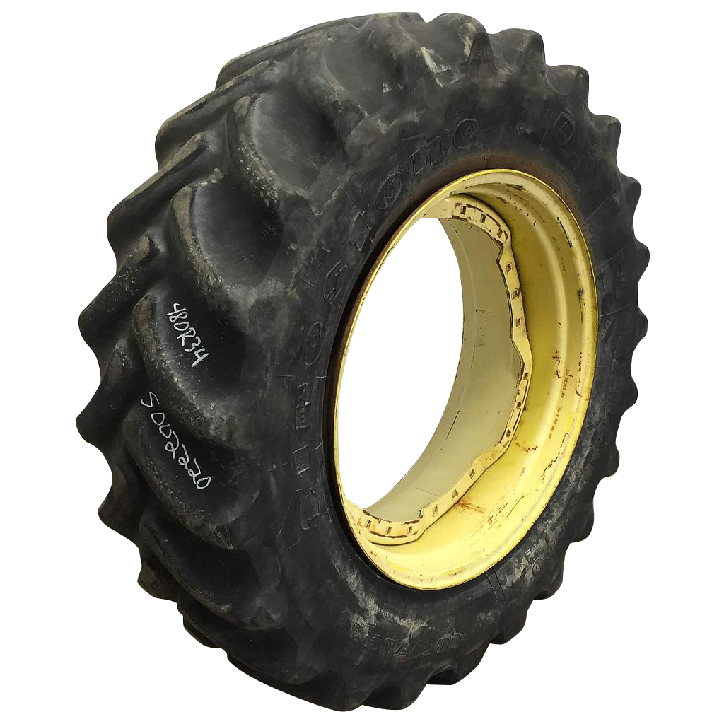 540/65R28 Michelin Multibib R-1W on John Deere Yellow 10-Hole Formed Plate 80%