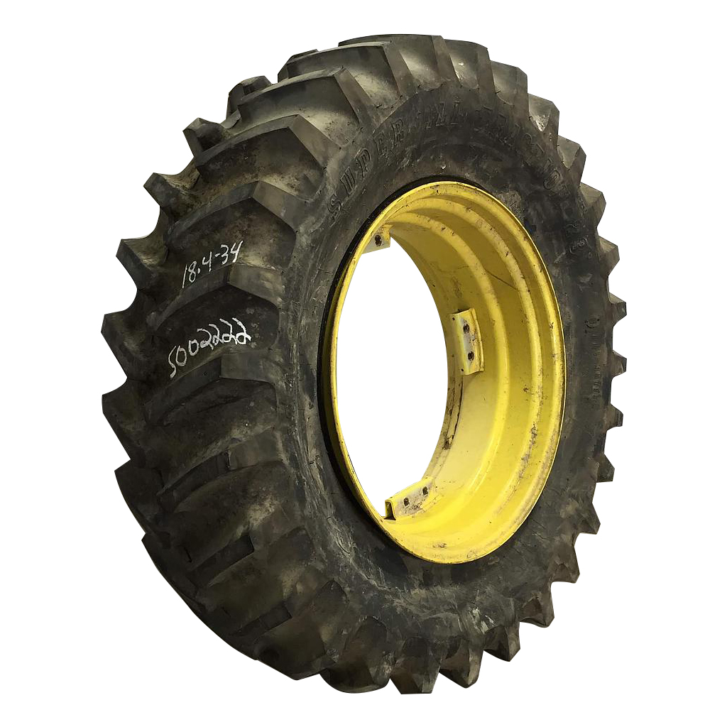 18.4/-34 Firestone Super All Traction 23 R-1 on John Deere Yellow 8-Hole Rim with Clamp/U-Clamp (groups of 2 bolts) 99%
