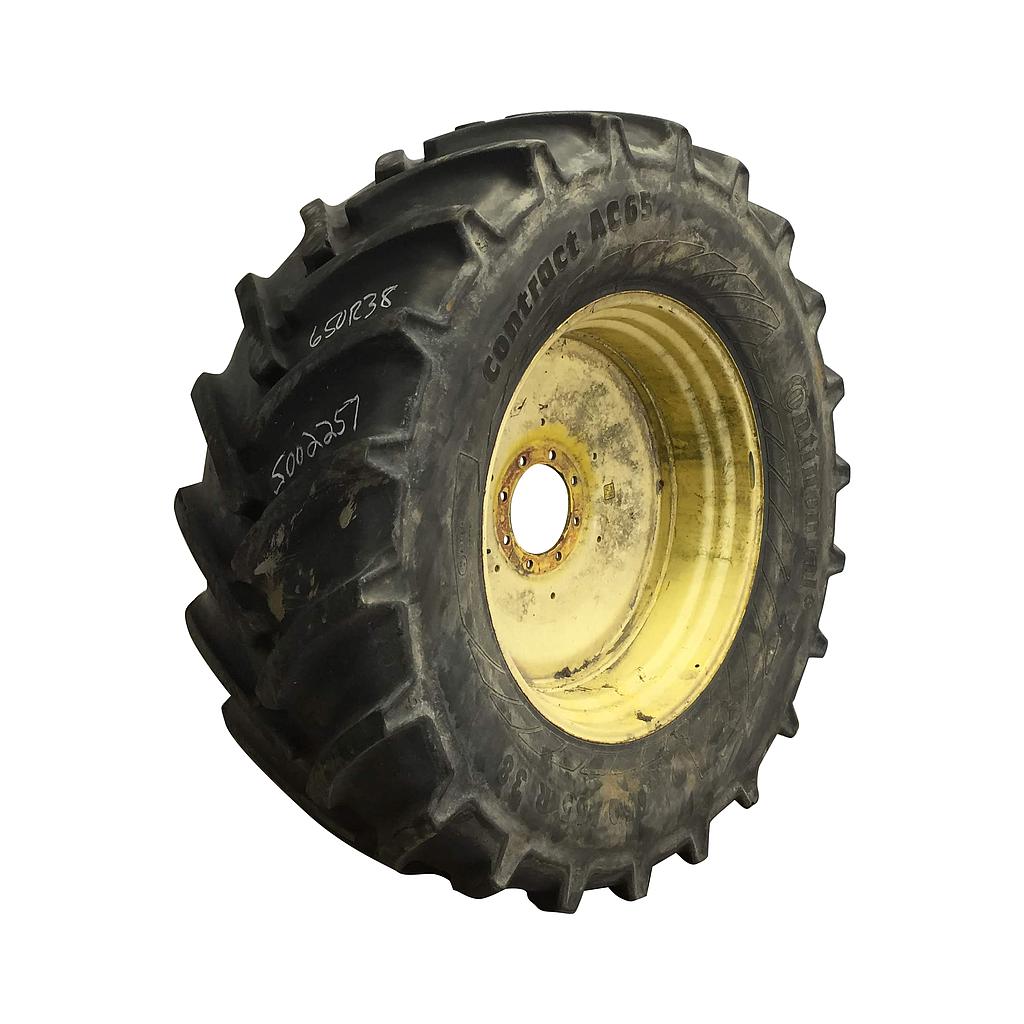 650/65R38 Continental AC65 Contract R-1W on John Deere Yellow 8-Hole Formed Plate W/Weight Holes 65%