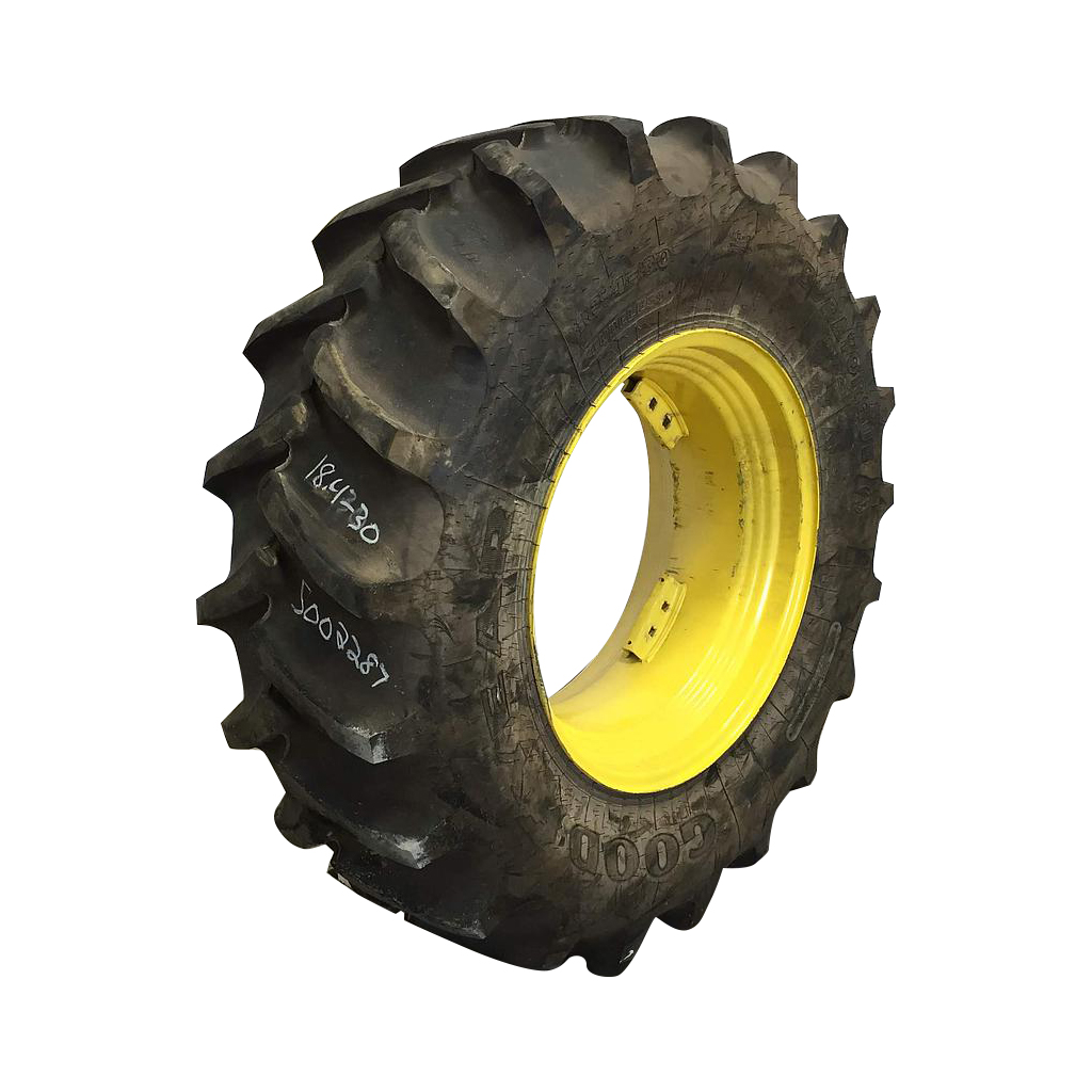 18.4/-30 Goodyear Farm Dura Torque R-1 on John Deere Yellow 8-Hole Rim with Clamp/U-Clamp (groups of 2 bolts) 75%