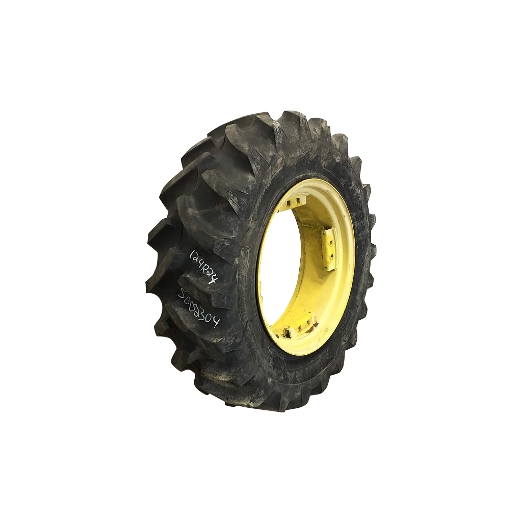 12.4/R24 Goodyear Farm Ultra Grip Radial R-1 on John Deere Yellow 8-Hole Rim with Clamp/U-Clamp (groups of 2 bolts) 90%