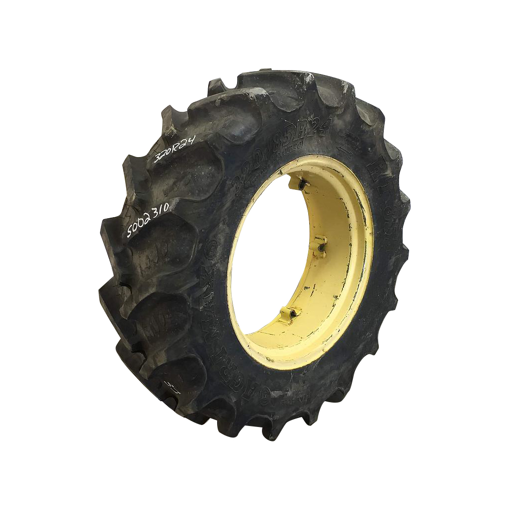 320/85R24 BKT Tires Agrimax RT 855 R-1W on John Deere Yellow 6-Hole Rim with Clamp/Loop Style 80%