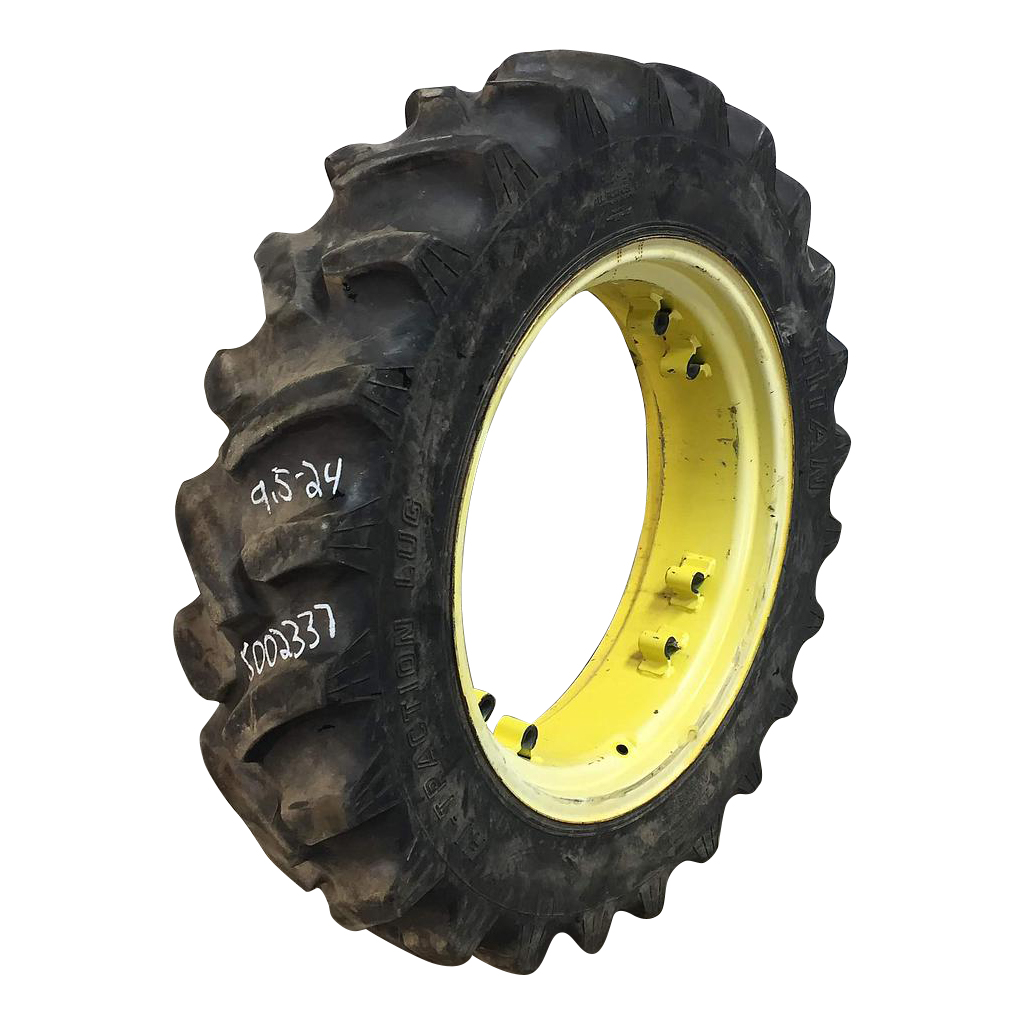 9.5/-24 Titan Farm Hi Traction Lug R-1 on John Deere Yellow 8-Hole Rim with Clamp/Loop Style (groups of 2 bolts) 60%