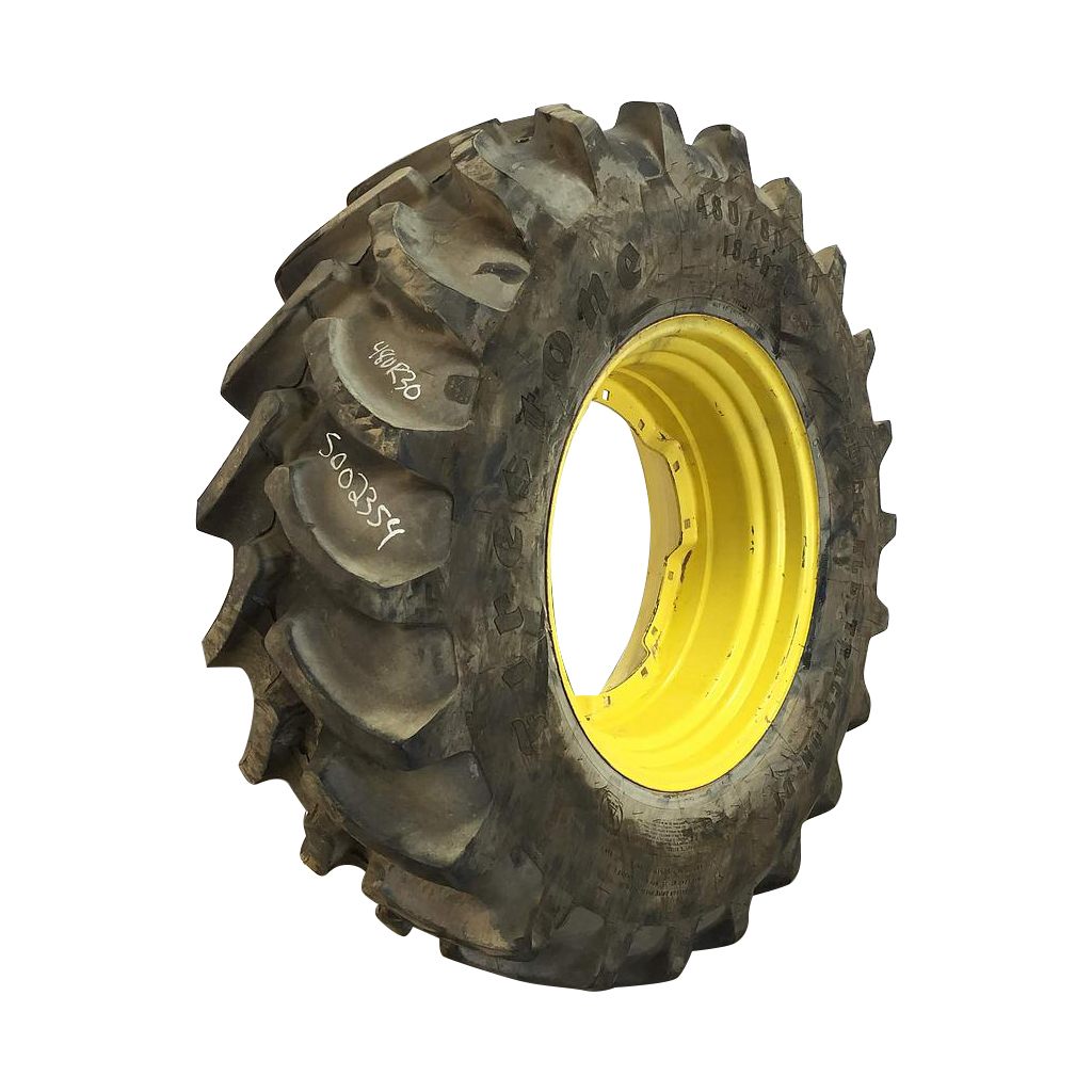 480/80R30 Firestone Radial All Traction DT R-1W on John Deere Yellow 8-Hole Waffle Wheel (Groups of 2 bolts) 95%