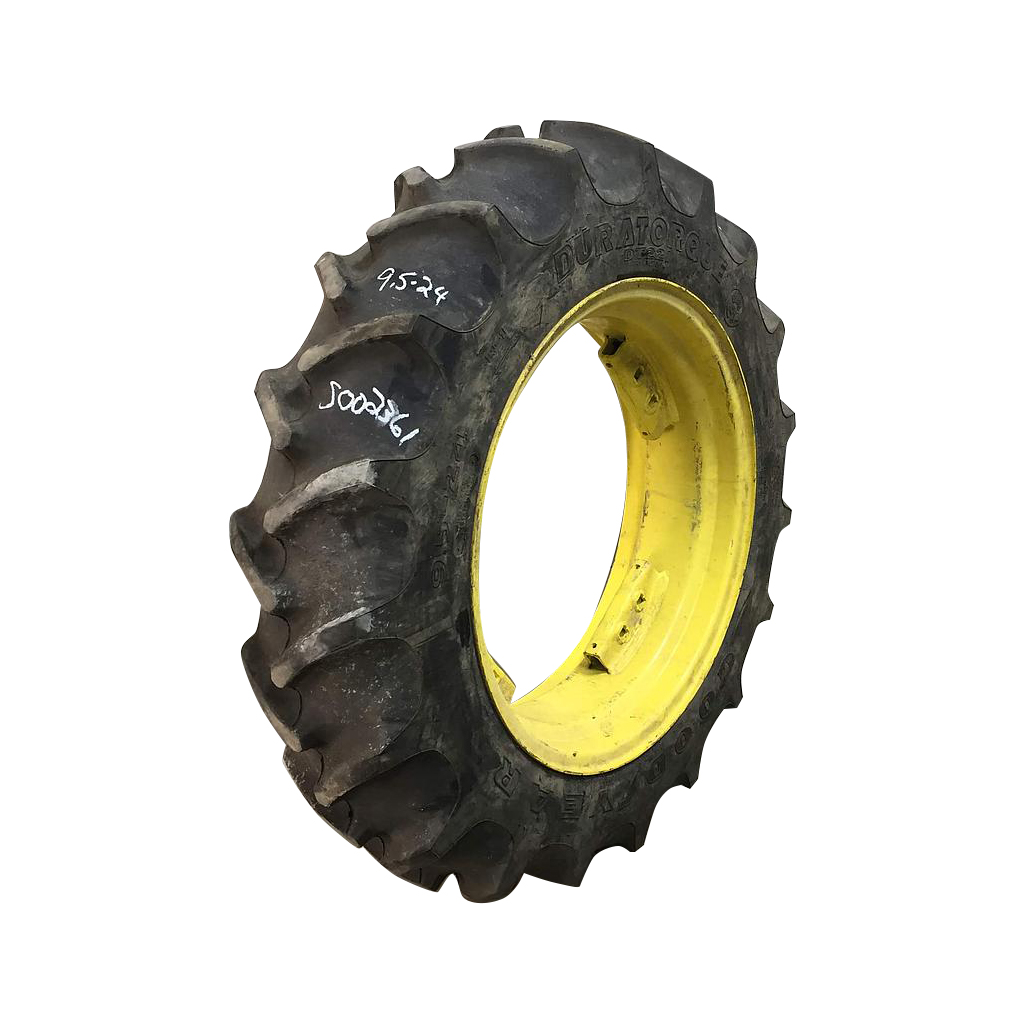 9.5/-24 Goodyear Farm DT221 DuraTorque R-1 on John Deere Yellow 8-Hole Rim with Clamp/U-Clamp (groups of 2 bolts) 90%