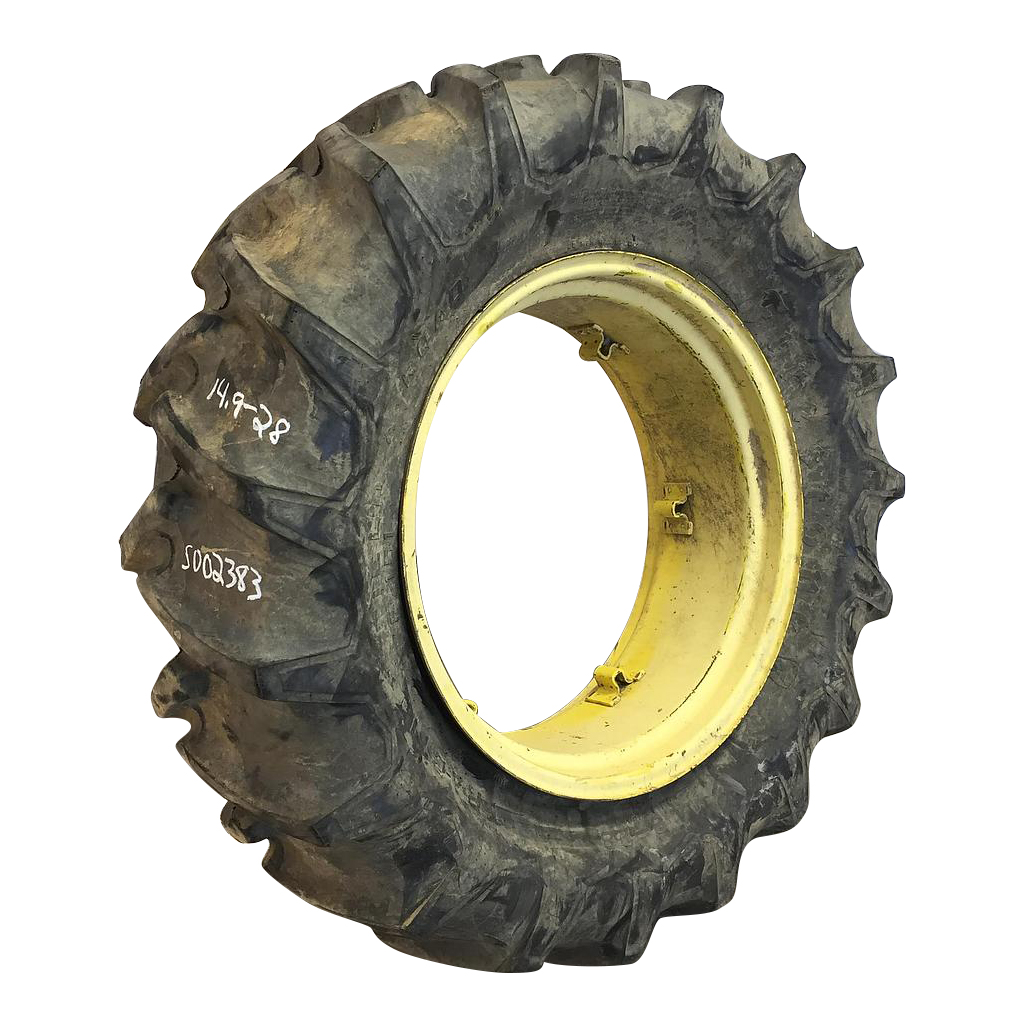 14.9/-28 Firestone Traction Field & Road R-1 on John Deere Yellow 6-Hole Rim with Clamp/Loop Style 75%