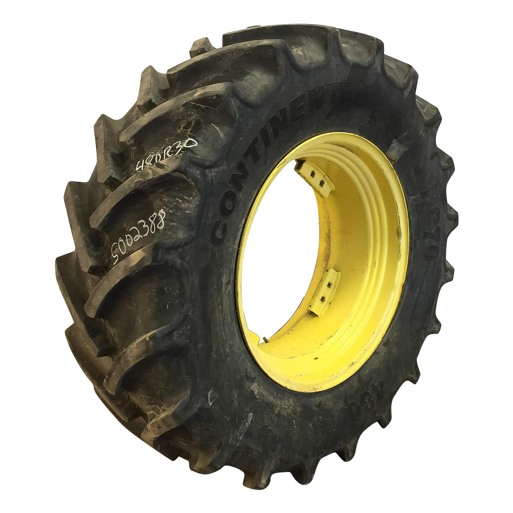 480/70R30 Continental HC70 R-1W on John Deere Yellow 8-Hole Rim with Clamp/U-Clamp (groups of 2 bolts) 95%