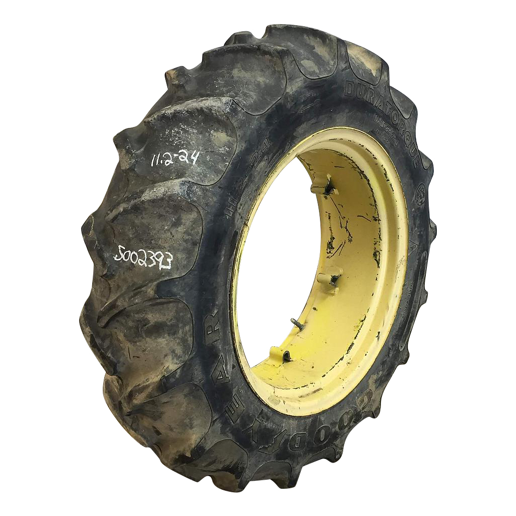 11.2/-24 Goodyear Farm Dura Torque R-1 on John Deere Yellow 6-Hole Rim with Clamp/Loop Style 65%
