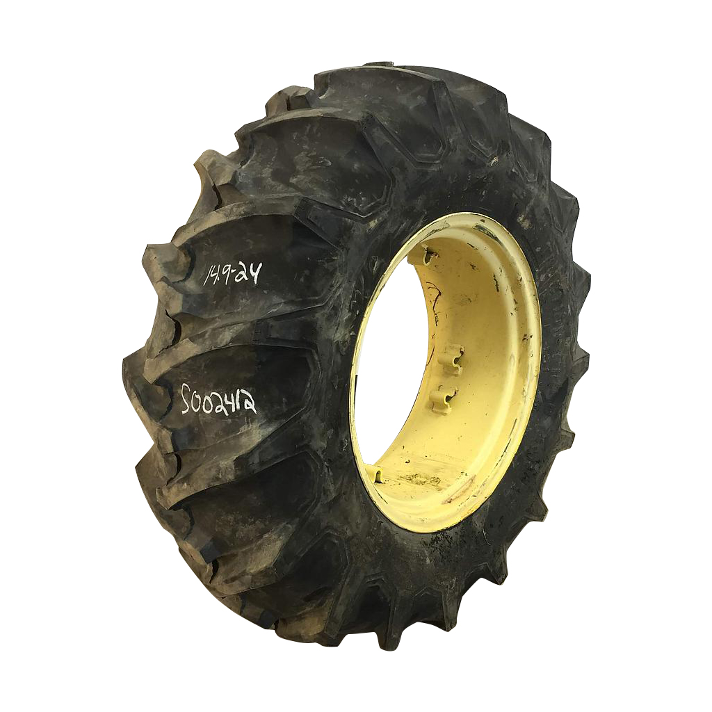 14.9/-24 Firestone Traction Field & Road R-1 on John Deere Yellow 8-Hole Rim with Clamp/Loop Style (groups of 2 bolts) 95%