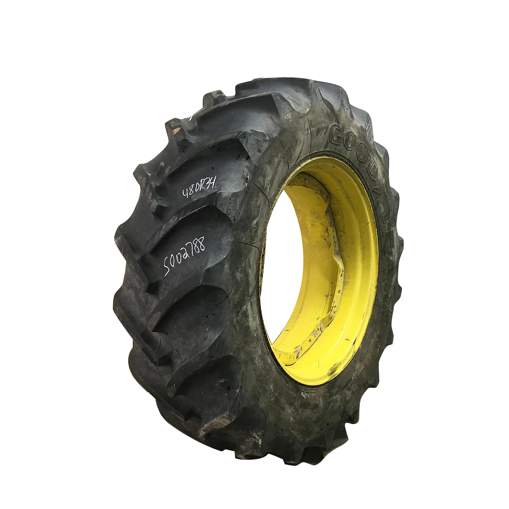 480/70R34 Goodyear Farm DT810 Super Traction R-1W on John Deere Yellow 12-Hole Waffle Wheel (Groups of 3 bolts) 65%