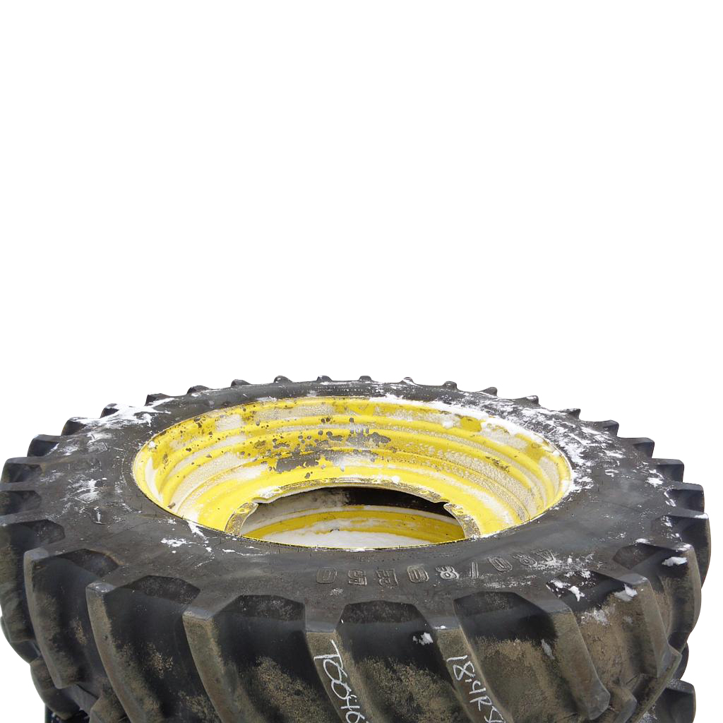 480/80R50 Firestone Radial Deep Tread 23 R-1W on John Deere Yellow 12-Hole Stub Disc 85%