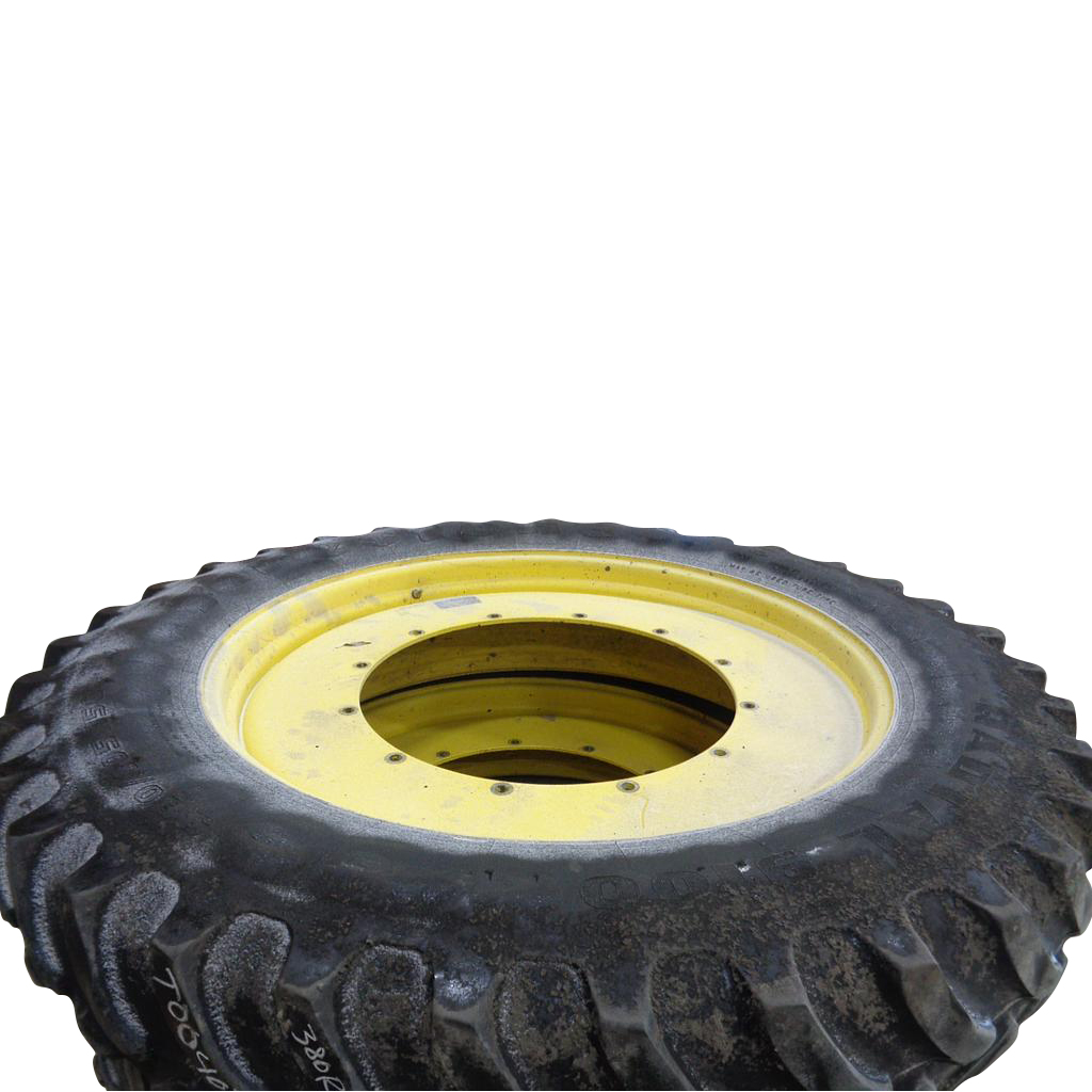 380/105R50 Firestone Radial 9100 R-1 on John Deere Yellow 12-Hole Stub Disc 45%