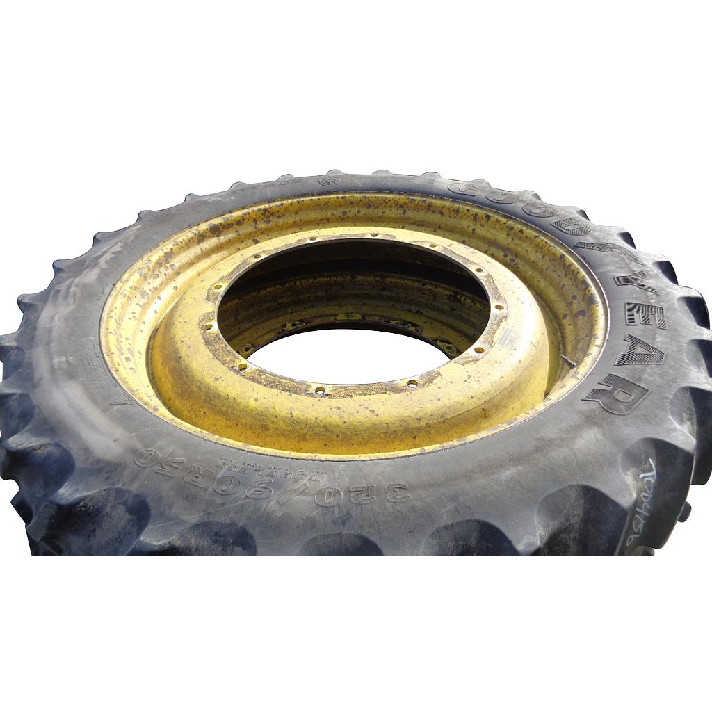 320/90R50 Goodyear Farm DT800 Optitrac R-1W on John Deere Yellow 12-Hole Stub Disc 65%