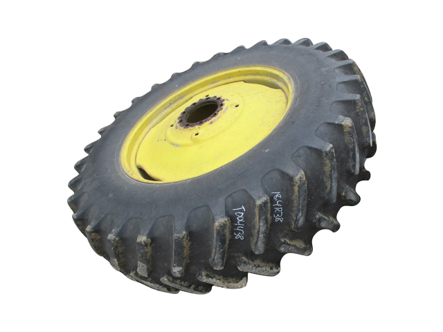 18.4/R38 Firestone Radial All Traction 23 R-1 on John Deere Yellow 9-Hole Stamped Plate 90%