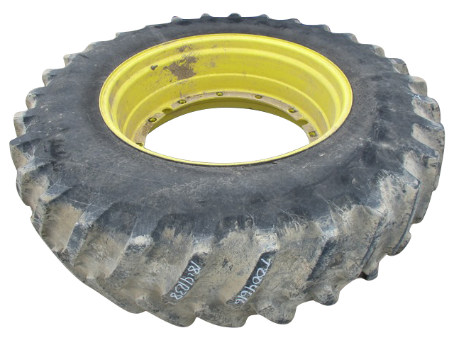 18.4/R38 Firestone Radial All Traction 23 R-1 on John Deere Yellow 12-Hole Stub Disc 65%