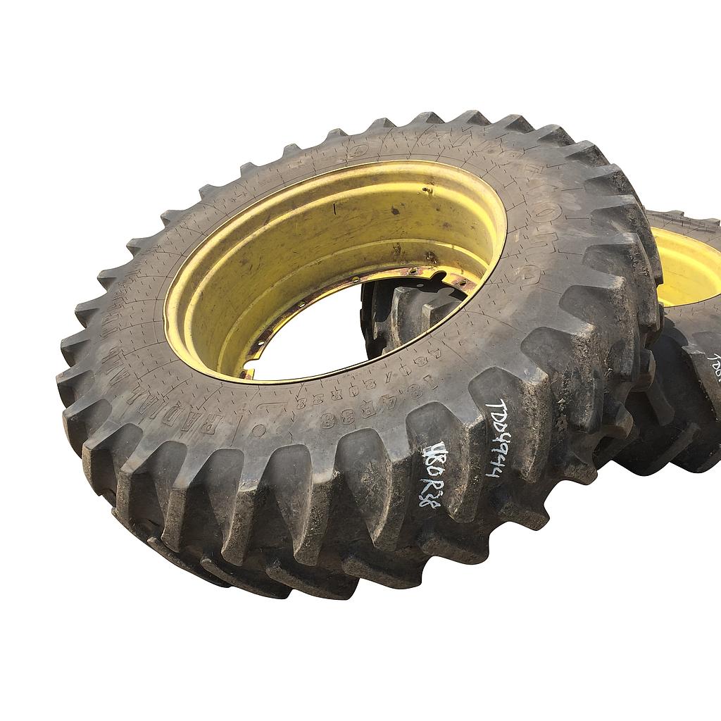 480/80R38 Firestone Radial All Traction 23 R-1 on John Deere Yellow 12-Hole Stub Disc 90%