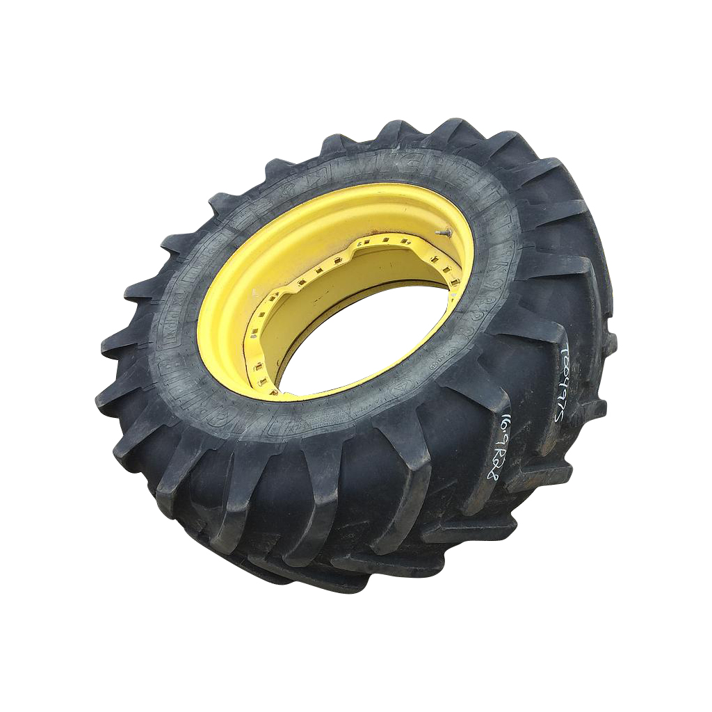 16.9/R28 Michelin AgriBib R-1W on John Deere Yellow 12-Hole Waffle Wheel (Groups of 3 bolts) 40%