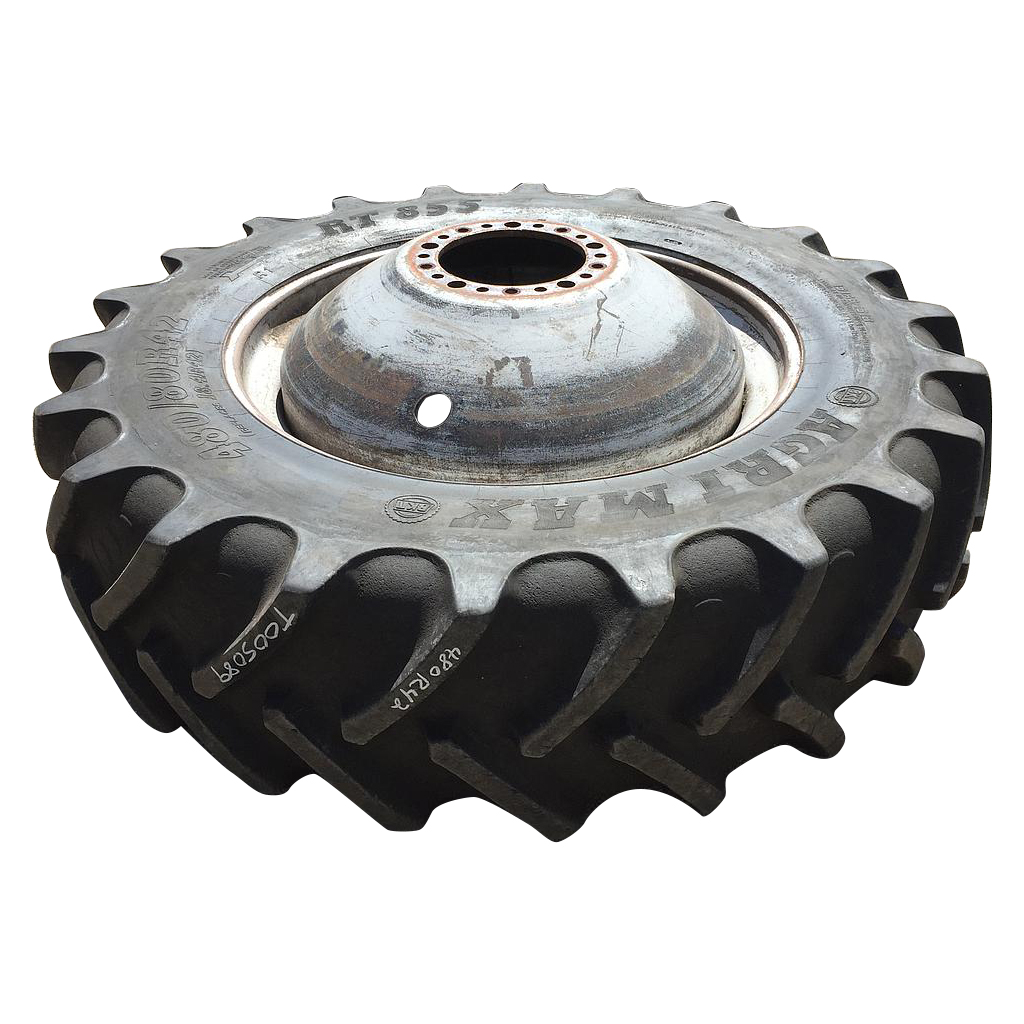 480/80R42 BKT Tires Agrimax RT 855 R-1W on Case IH Silver Mist 20-Hole Dolly Dual 90%