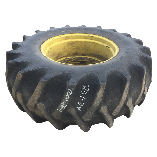 23.1/-34 Firestone Traction Field & Road R-1 on John Deere Yellow 0-Hole Flat Base Deep Drop Ag 20%