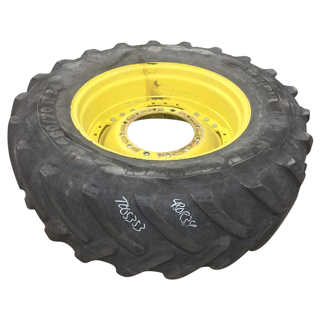 480/70R34 Michelin OmniBib R-1W on John Deere Yellow 10-Hole Waffle Wheel (Groups of 3 bolts) 30%