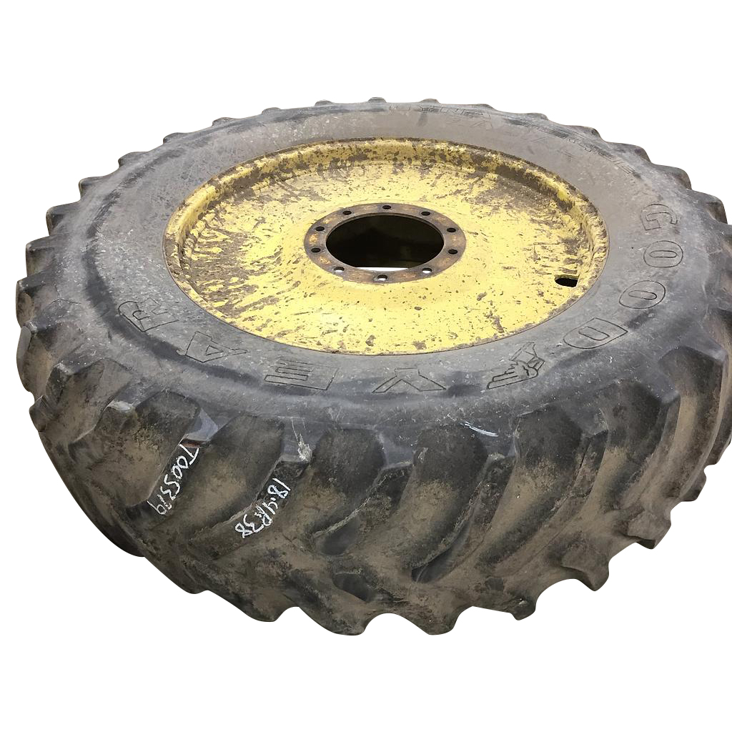 480/80R38 Goodyear Farm Dyna Torque Radial R-1 on John Deere Yellow 10-Hole Formed Plate W/Weight Holes 50%