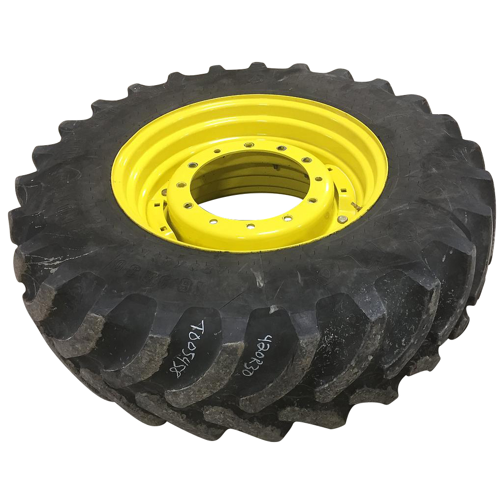 420/90R30 Firestone Radial All Traction FWD R-1 on John Deere Yellow 12-Hole Waffle Wheel (Groups of 2 bolts) 55%