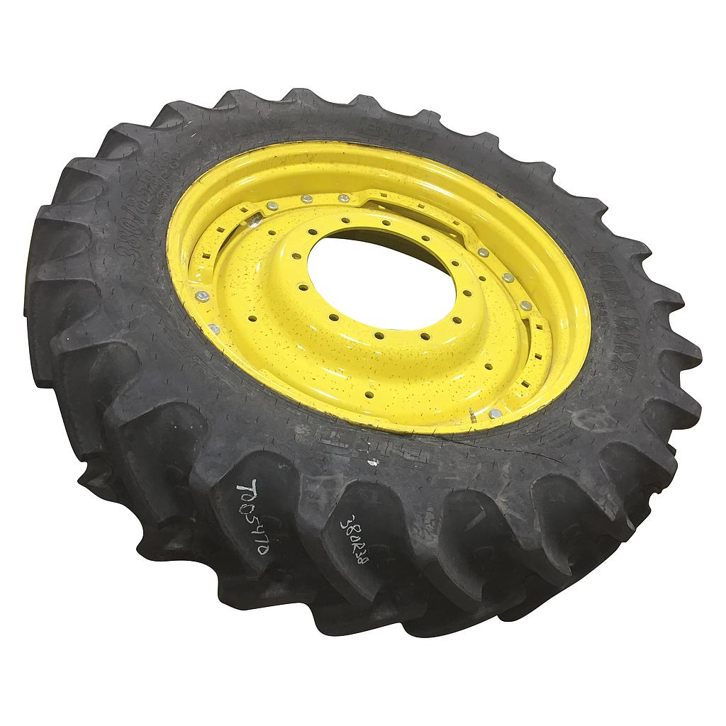 380/85R38 BKT Tires Agrimax RT 855 R-1W on John Deere Yellow 12-Hole Waffle Wheel (Groups of 3 bolts) 99%