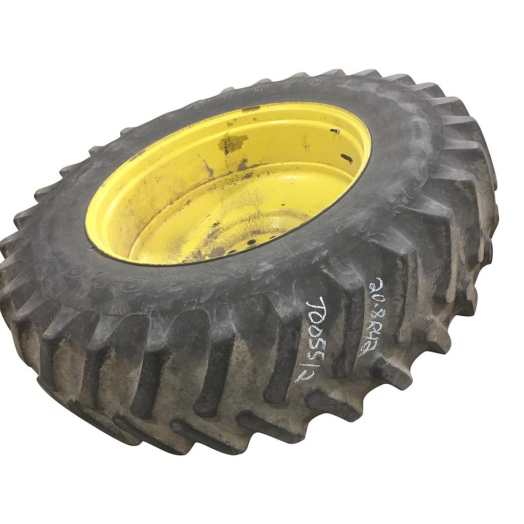 20.8/R42 Firestone Radial All Traction 23 R-1 on John Deere Yellow 10-Hole Formed Plate W/Weight Holes 55%