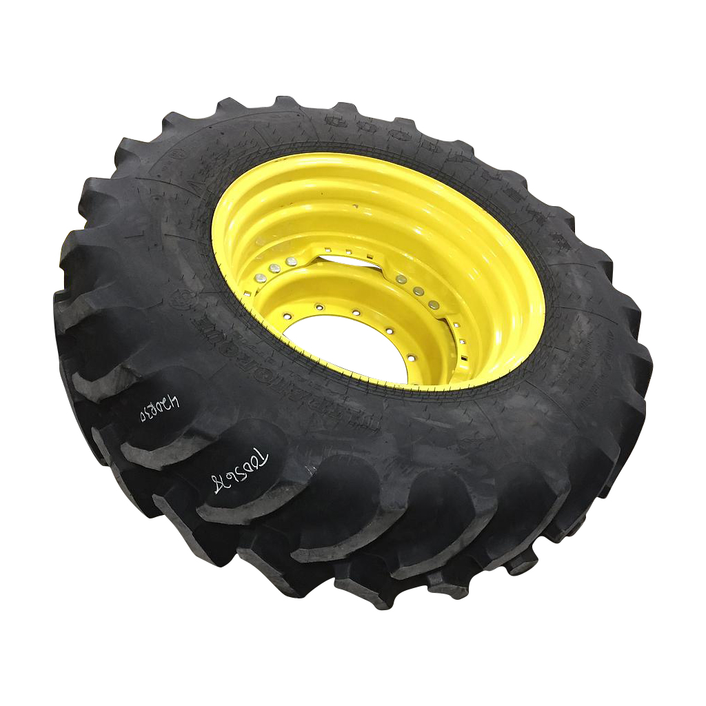 420/90R30 Goodyear Farm UltraTorque Radial R-1 on John Deere Yellow 12-Hole Waffle Wheel (Groups of 3 bolts) 80%