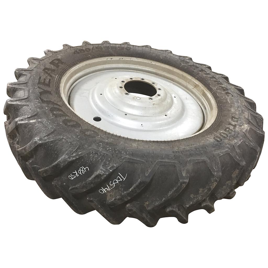480/95R50 Goodyear Farm DT800 Optitrac R-1W on Case IH Silver Mist 10-Hole Formed Plate W/Weight Holes 90%