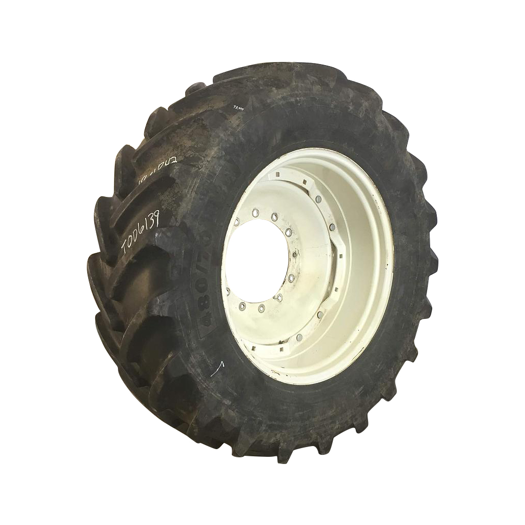 480/70R34 Michelin OmniBib R-1W on New Holland White 12-Hole Waffle Wheel (Groups of 2 bolts) 80%